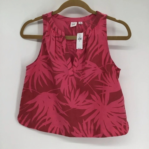 GAP Women’s Zen Sleeveless Top Linen Blend Pink Palms Cropped Summer NWT Size XS - Picture 2 of 7